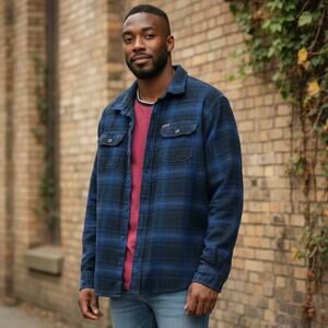 Orvis Classic Button Shirt Chest Pockets Cotton Shacket Men L Blue Plaid Flannel